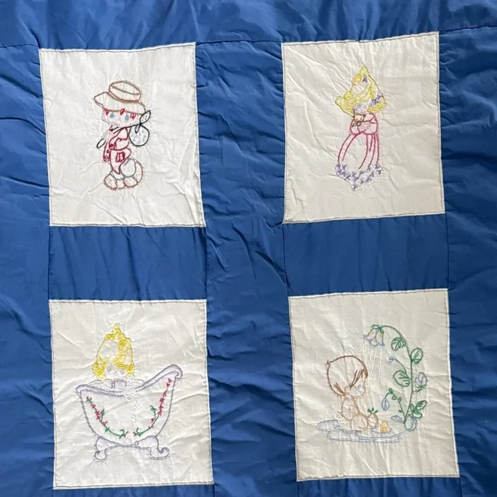 Vintage Hand Embroidered Child’s Quilt – Blue & White Precious Moments Style